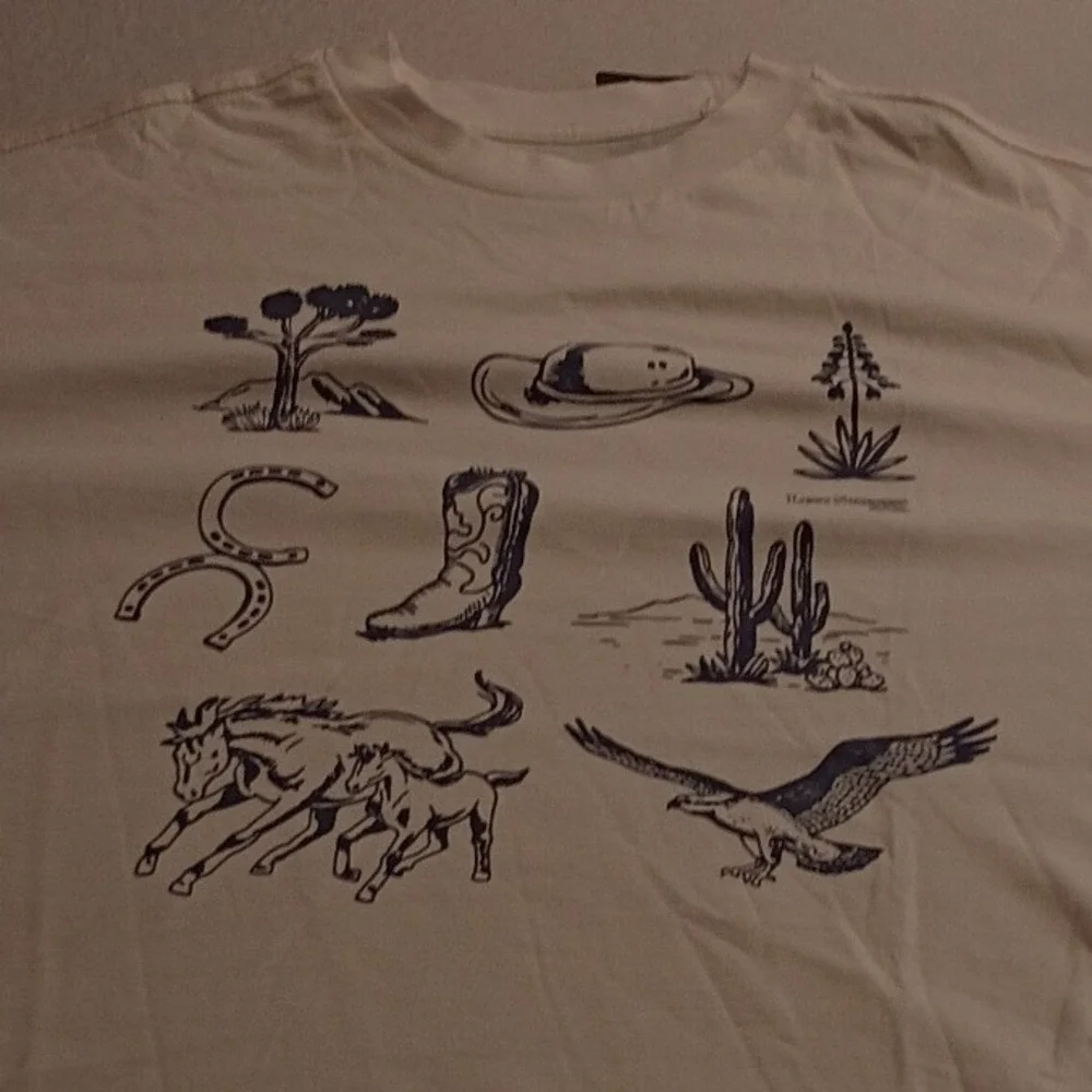 Levis Men's Western Graphic TShirt Cream Blue Cowboy Boot Cactus Eagle Small NWT